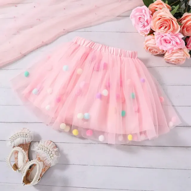 Girl's tutu skirt in tulle with colourful plush balls