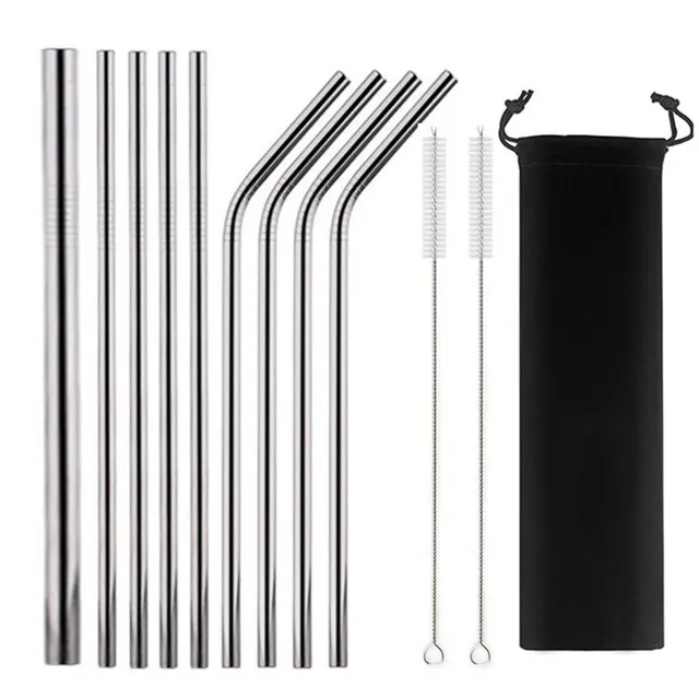 Set of re-usable stainless steel straws with case 12Pcs Silver A