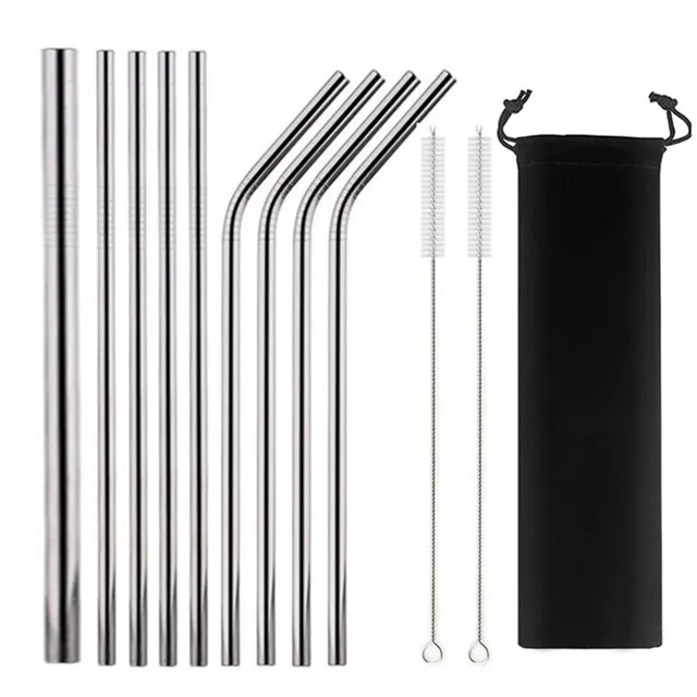 Set of reusable stainless steel straws with sleeve