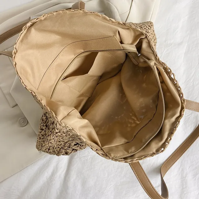 Straw knit casual bag - round shape with double ear, literary beach bag