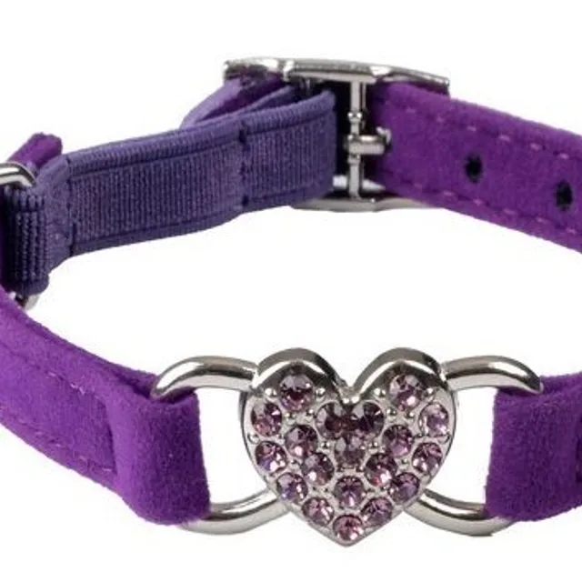 Velvet collar for cat with heart and bell purp