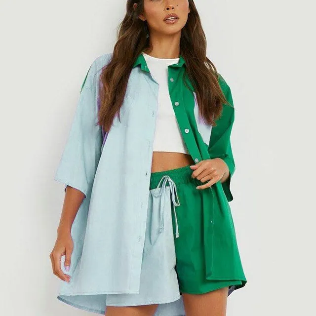 Women's two-piece set of clothes for summer - long shirts and shorts