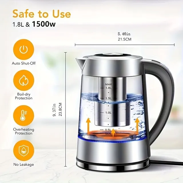 Electric kettle made of glass with 12 temperature modes and keeping temperature up to 24 hours