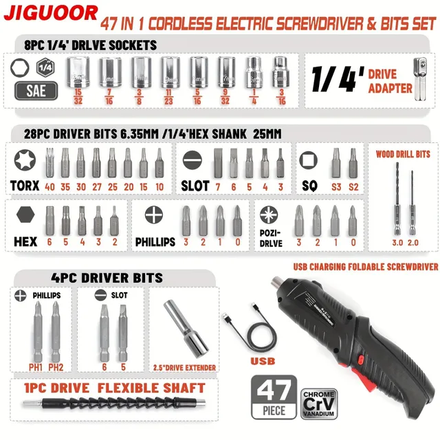 Sada 47v1: Elektrický skrutkovač, vrták do batérie s bitmi, dobíjateľný