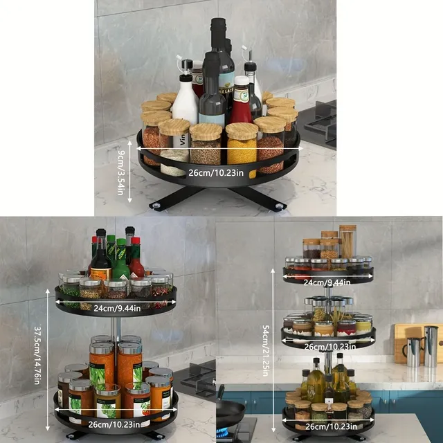 Rotary organizer, 3 floor kitchen storage stand with anti-slip base and 360° rotary plate for spices, dishes, make-up. Rotary tray, salt, sauces and vinegar. Kitchen equipment