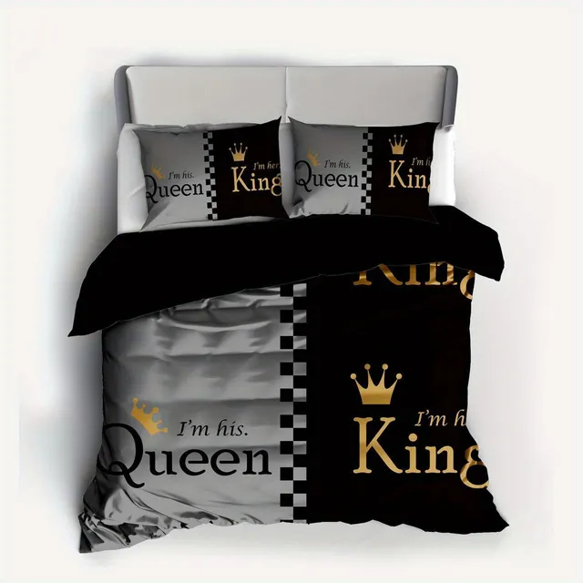 Set de lenjerie moale și confortabilă cu imprimeu digital de coroană și motto-ul Q&K, format din 3 piese