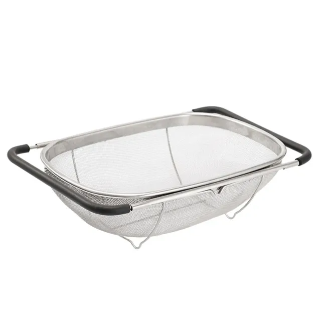 Expandable stainless steel colander into the sink with rubber handle and fine sieve, kitchen utensils