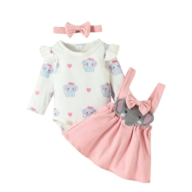 Children's Autumn Clothes Cute Animal Pattern Long Sleeves Rompers and Skirts With Headband Autumn Outfits Elephant 6-9Months