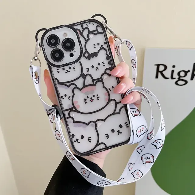 Silicone transparent iPhone phone case with Cute Bear motifs and neck strap