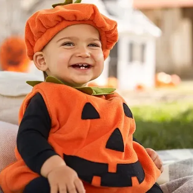 Children's Halloween pumpkin costume with romper and sleeveless hat