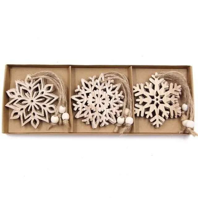 Wooden Christmas snowflakes for tree 12 pcs