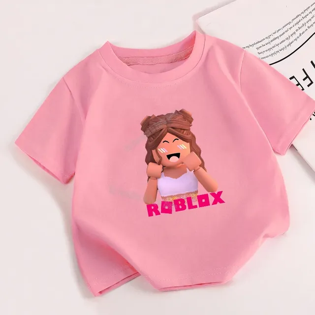 Girl's Pink Top with Short Sleeve and Printing Characters from Popular Roblox Game