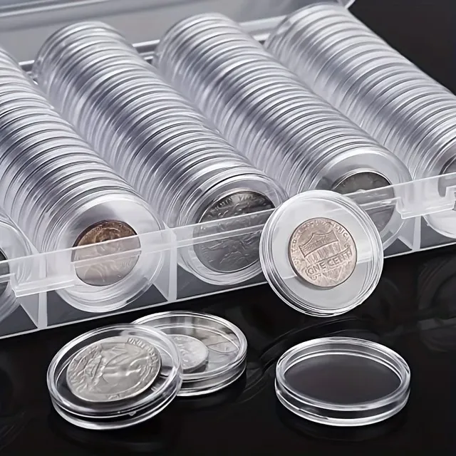Priehľadná okrúhla krabica na mince so zásobníkom - puzdro na 100 ks mince s priemerom 30 mm