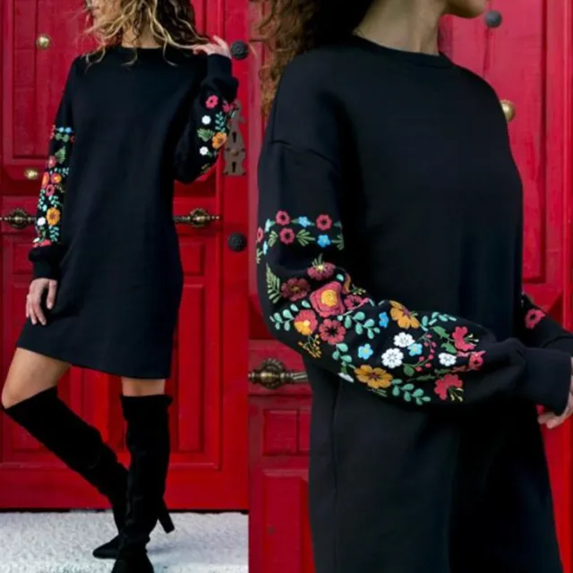 Women's mini dress with floral embroidery Black XXL