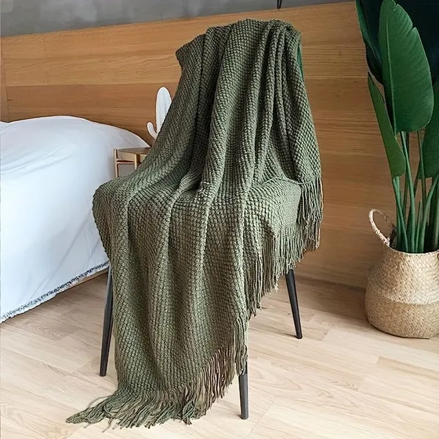 Knitted bedspread with tassels, lightweight bedspread for sofa, bed, couch, home decoration