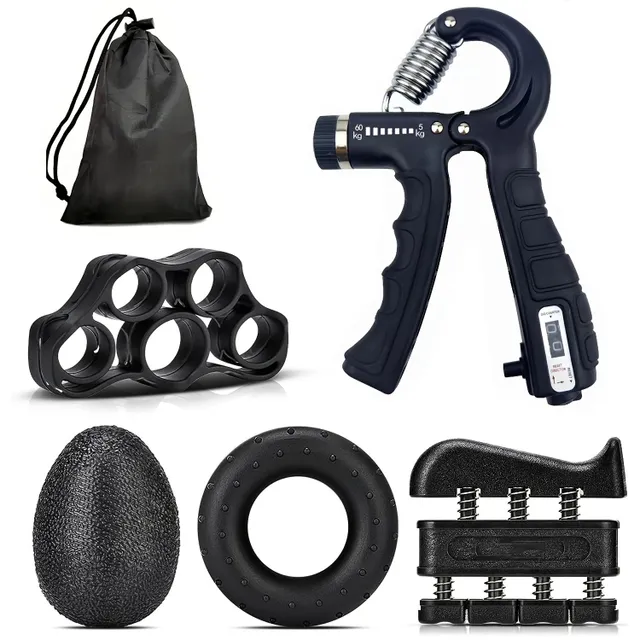 Set of weight-enhancing aids: Forearm booster, hand puller, adjustable finger spreader, grip-enhancing ring, finger-enhancing rehabilitation ball. For men and women.