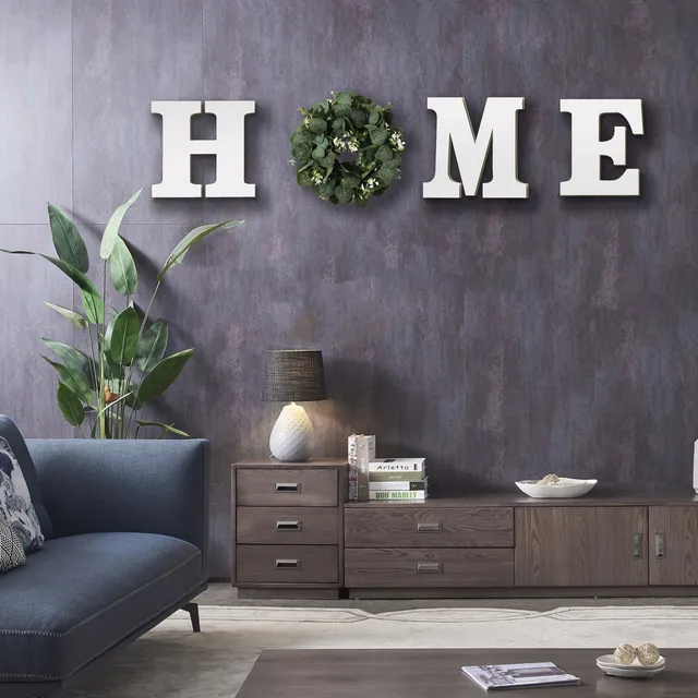 Wall inscription HOME - wooden letters with artificial eucalyptus