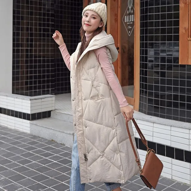 Women's long modern quilted vest with hood