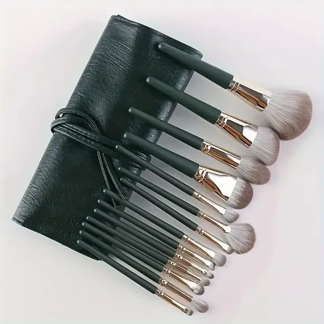 Luxury 14-piece set of make-up brushes - stuffed, green professional brushes for detailed make-up of whole face and eyes