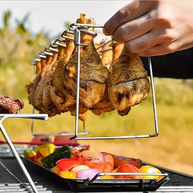 Folding stainless steel stand for chicken thighs and wings for grill, smoking and baking