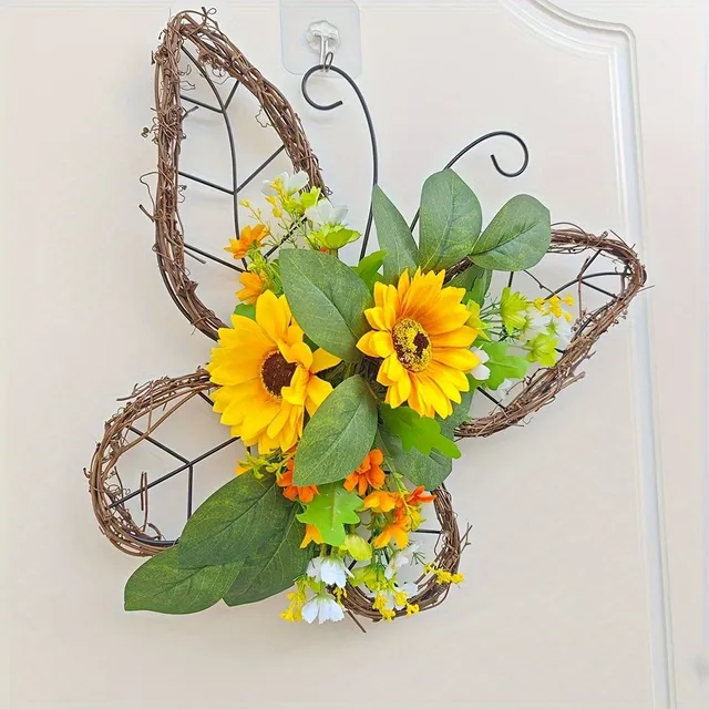 Spring wreath with butterflies and sunflowers on the door