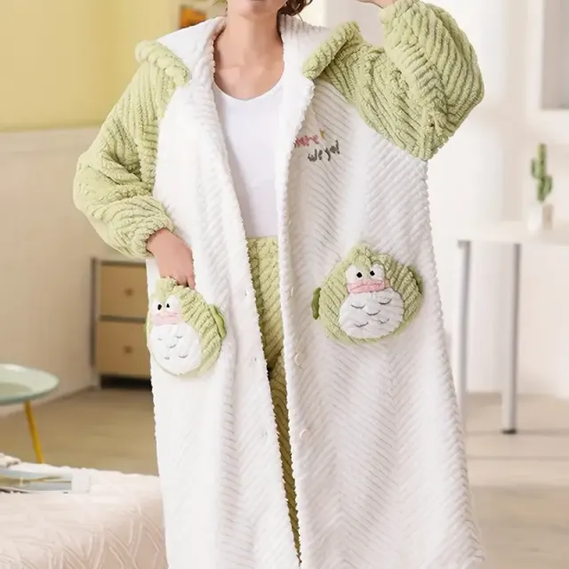 Peignoir chaud avec capuche et motif cartoon, peignoir long avec boutons et poches