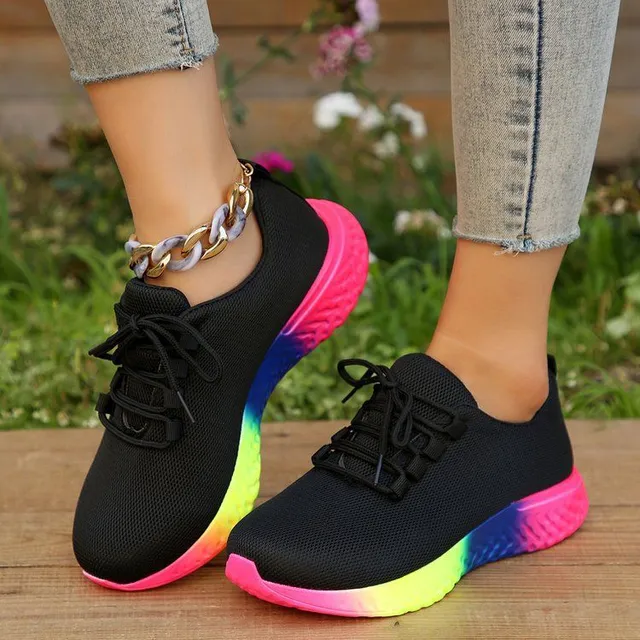 Damen Laufschuhe mit Regenbogen-Sohle aus atmungsaktivem Gewebe und Schnürsenkeln