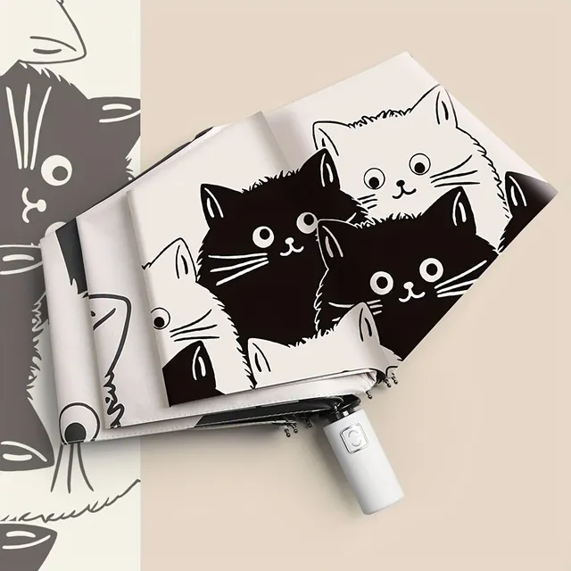 Automatic black and white umbrella with cute cartoon cats