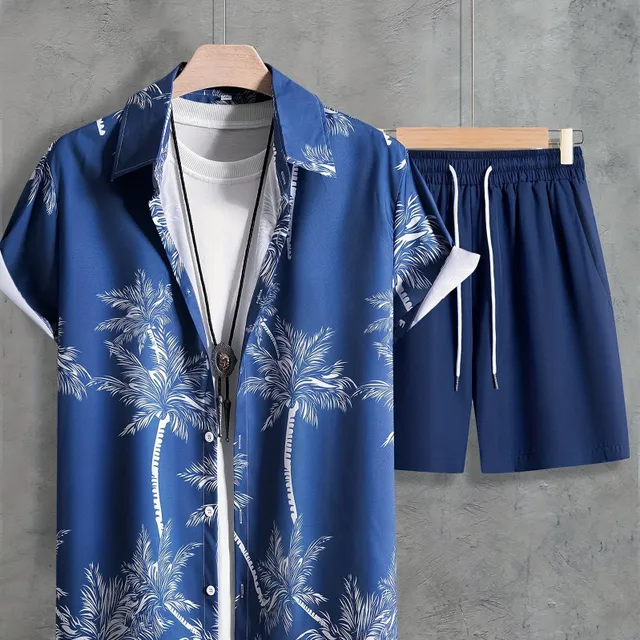 Men's 2-piece set with coconut palm tree print - shirt with collar and pockets and shorts with drawstring