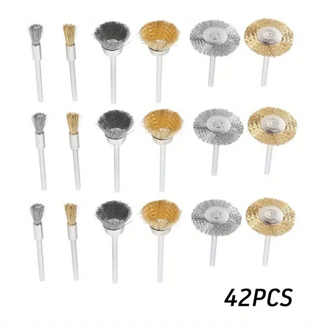 Set of 42 wire brushes with brass coating for drill