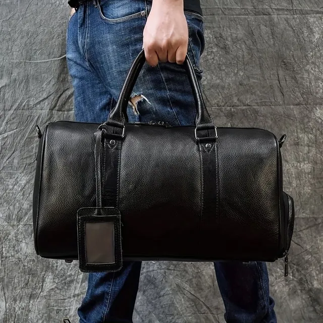 Spacious travel bag made of beef leather for short trips with a shoe compartment, men's and women's