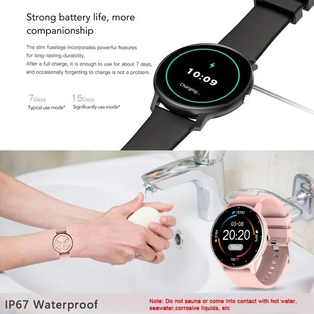 Smart watch 1.39", fully touch screen, sports fitness functions, waterproof IP67, music control, remote camera control, wireless calls - Unisex