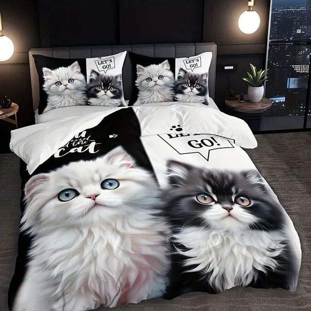 Set of 3 pcs Black and white Cute Kittens On Bedding (1 Bedding on the duvet + 2 On the pillows, Pillows Not included), Soft and Breathable HD Printing Set On Valentine's Day Pro Home A Dorm