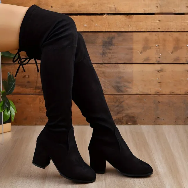 Women's over-the-knee boots with solid sole, round toe and elastic lacing