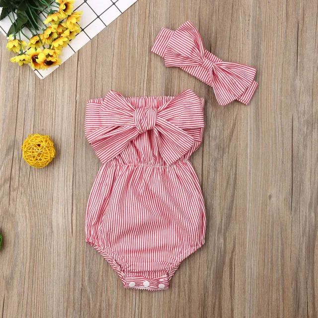 Children's overall with bow and stripe pattern + headband