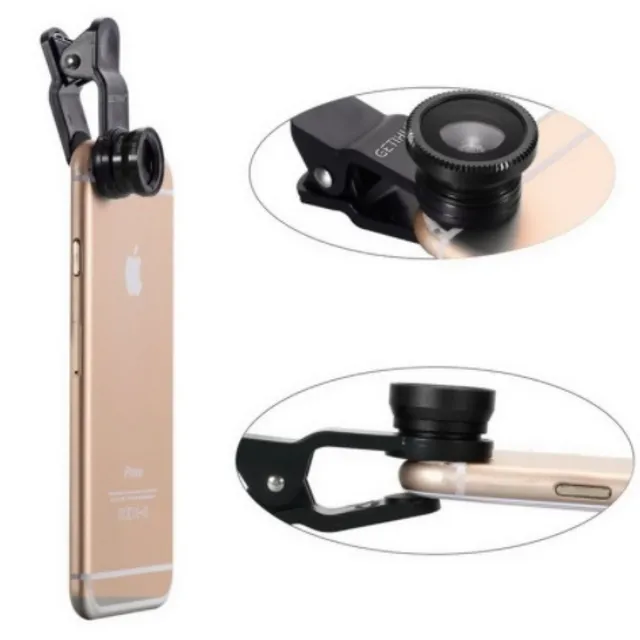 Universal lens set for mobile phones, fisheye lens + wide-angle lens + macro lens