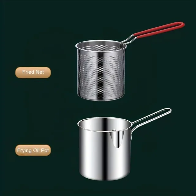 Mini fryer made of stainless steel 1,2 L with handle and basket on the sieve, kitchen tool