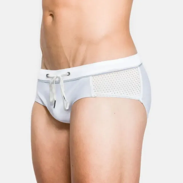 Men's white swim trunks with transparent elements