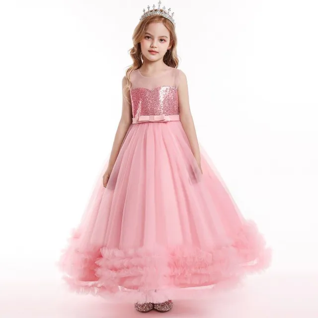 Kids Pink Mesh Sequins Girls Cascade Ruffle Formal Prom Princess Prom Dress