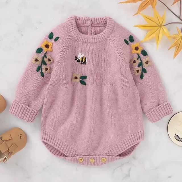 Baby girl cute embroidery knitting onesie, comfortable sweater romper for toddlers