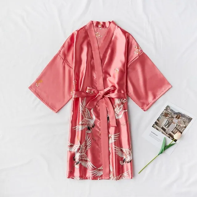 Ladies satin dressing gown with birds print coral S