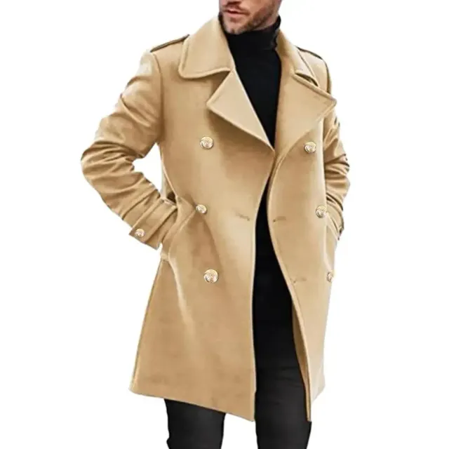 Men's formal coat - two-row mid-length trench with collar to neck, monochrome