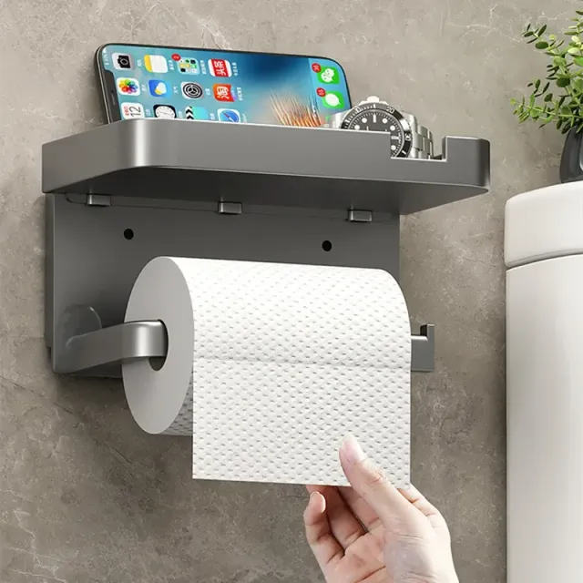 Wall holder of toilet paper with storage space and storage tray for telephone