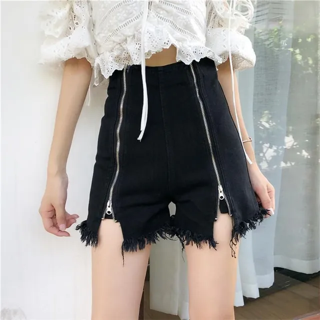 Black ripped denim shorts with high waist zipper