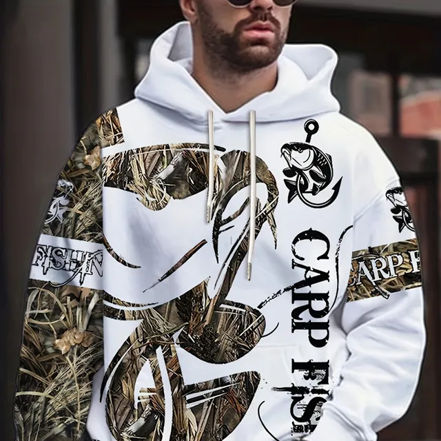 Men's casual sweatshirt with hood and 3D printing of a fishing pattern