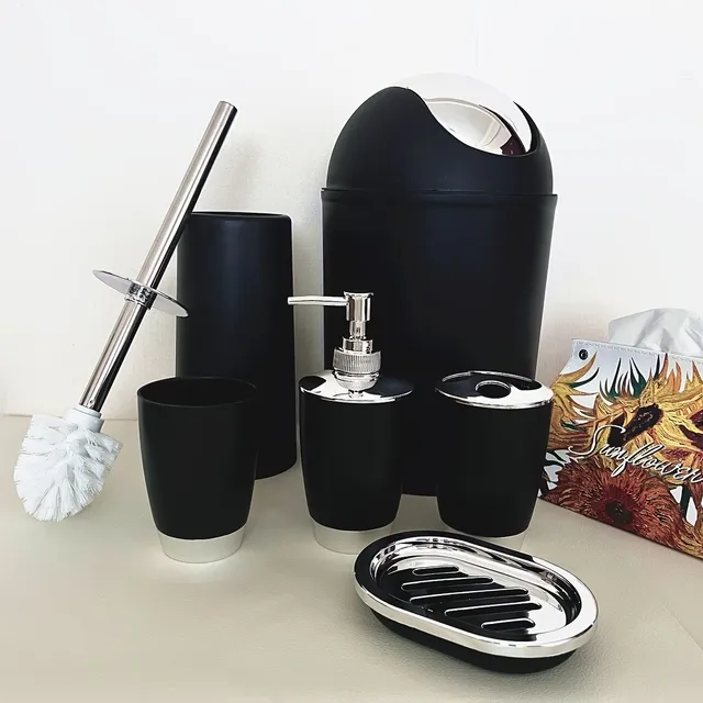 6-piece set of bathroom accessories, toothbrush holder, mouthwash cup, liquid soap dispenser, soap bowl, plastic trash basket, toilet brush with holder