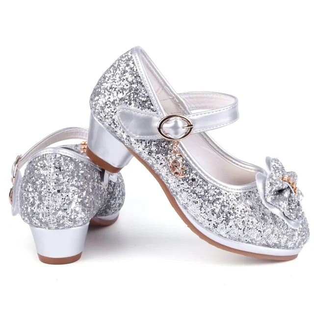 Sandałki dla dziewczynek z brokatem i kokardką, błyszczące buty imprezowe na wysokim obcasie - buty na wesele i urodziny