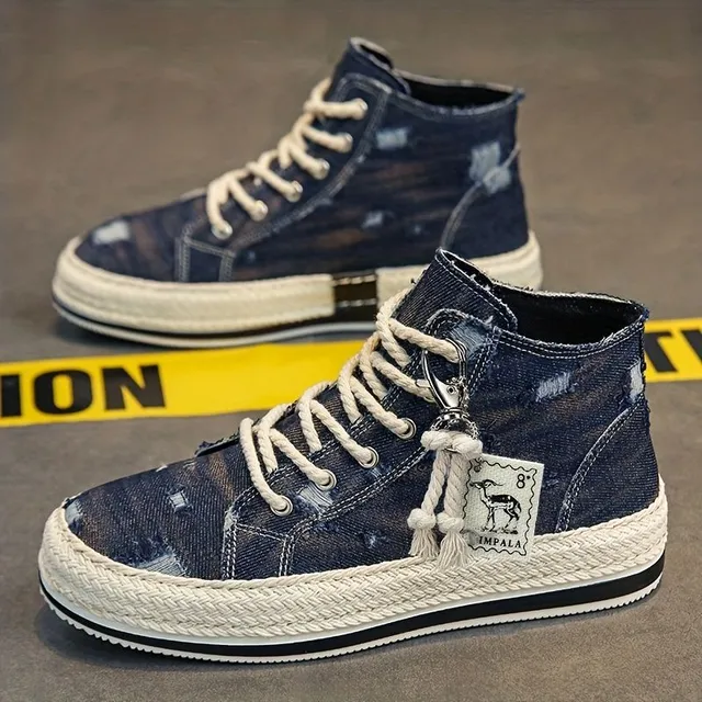 Men's skateboard shoes with high ankle from blue denim with scratched appearance, breathable shoelace and good grip. Inspired by espadrillas.