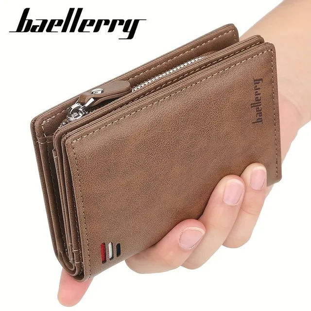 Men's retro short PU leather wallet with multiple card slots, buckle and zipper for bank cards