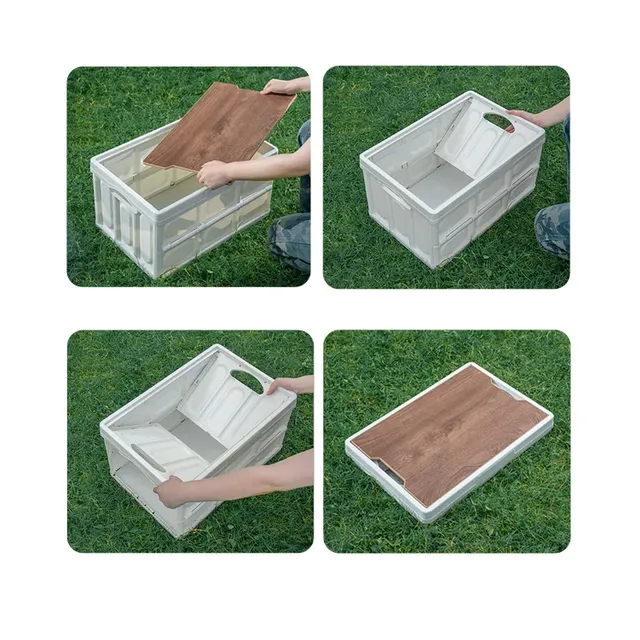 Folding camping box with wooden lid
